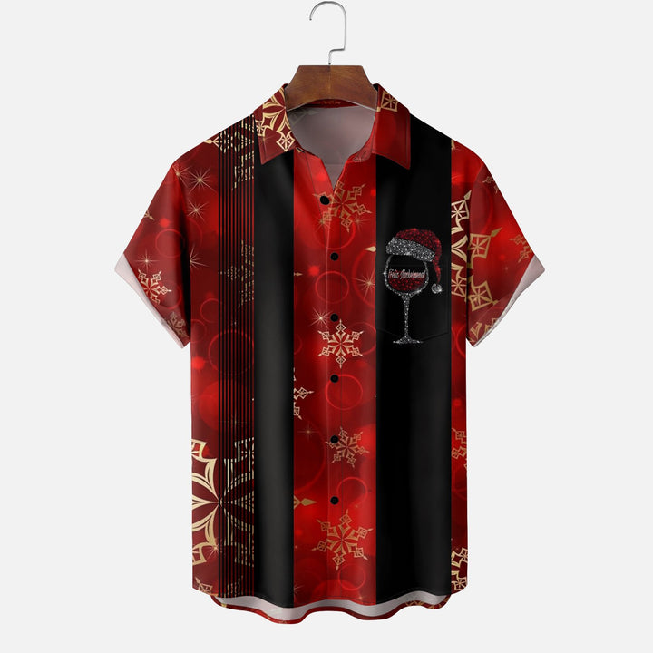 Mens Merry Christmas Wineglass Chest Pocket Bowling Shirt