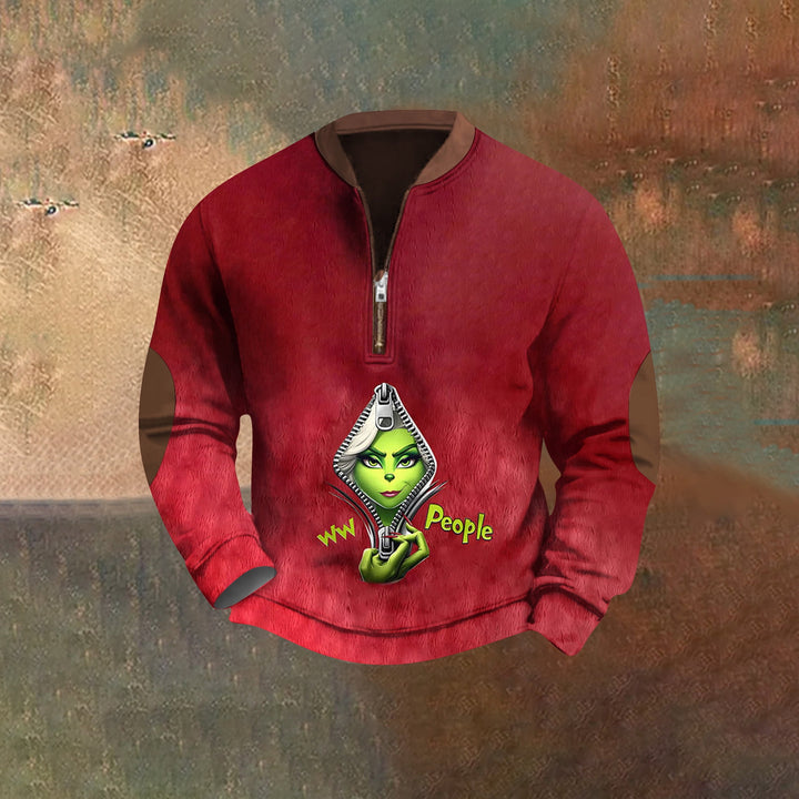 Men's Christmas Cartoon Green Monster Zipper Neck Casual Sweatshirt 2411013067