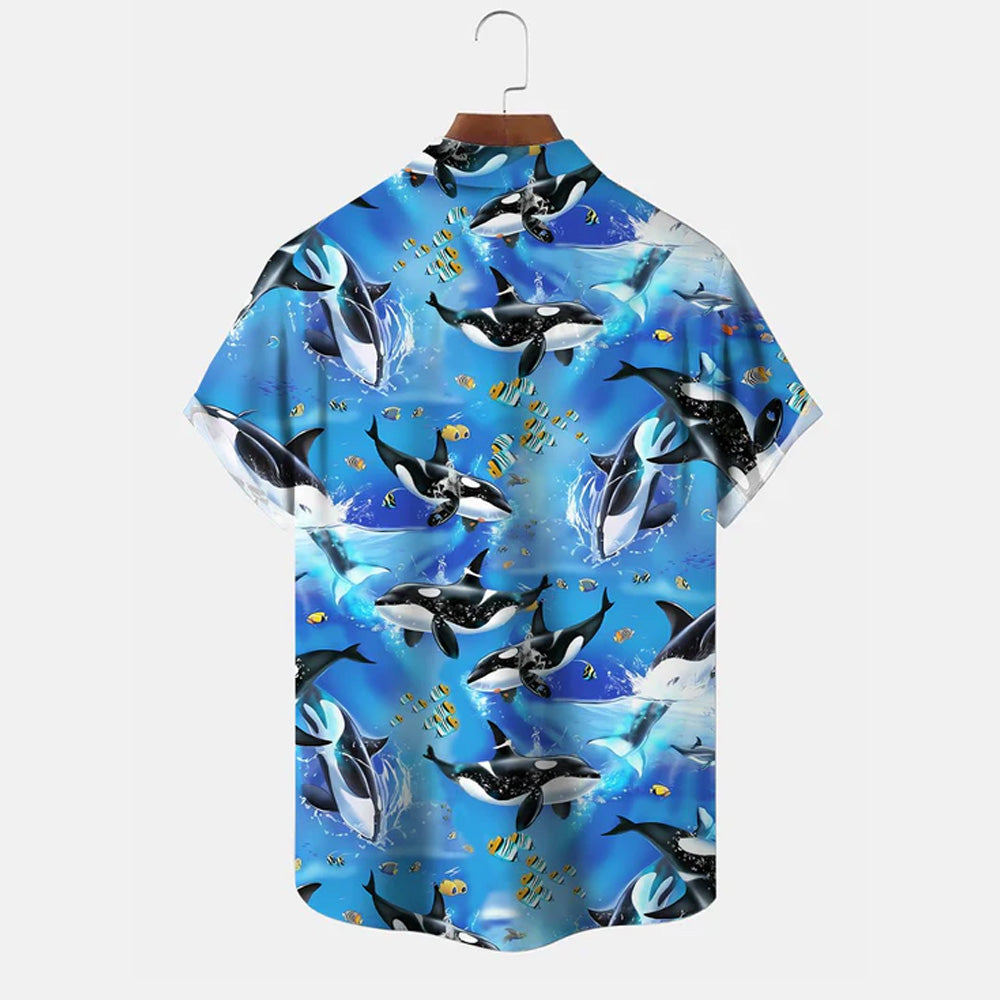 Ocean Whale Coconut Tree Button Pocket Casual Short Sleeve Shirt