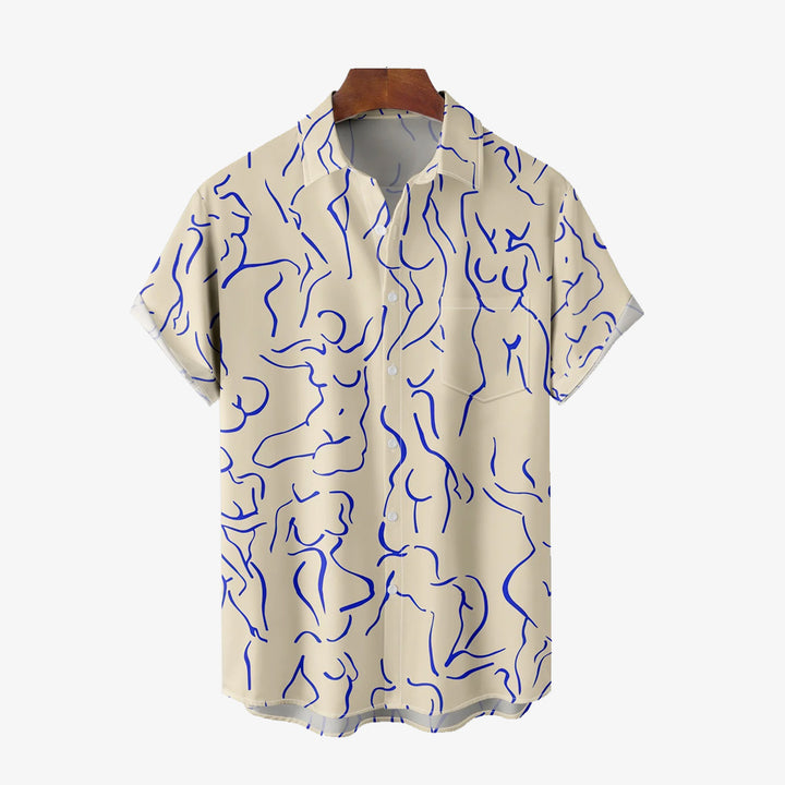 Art Abstract Line Drawing Large Size Cotton And Linen Short-Sleeved Shirt