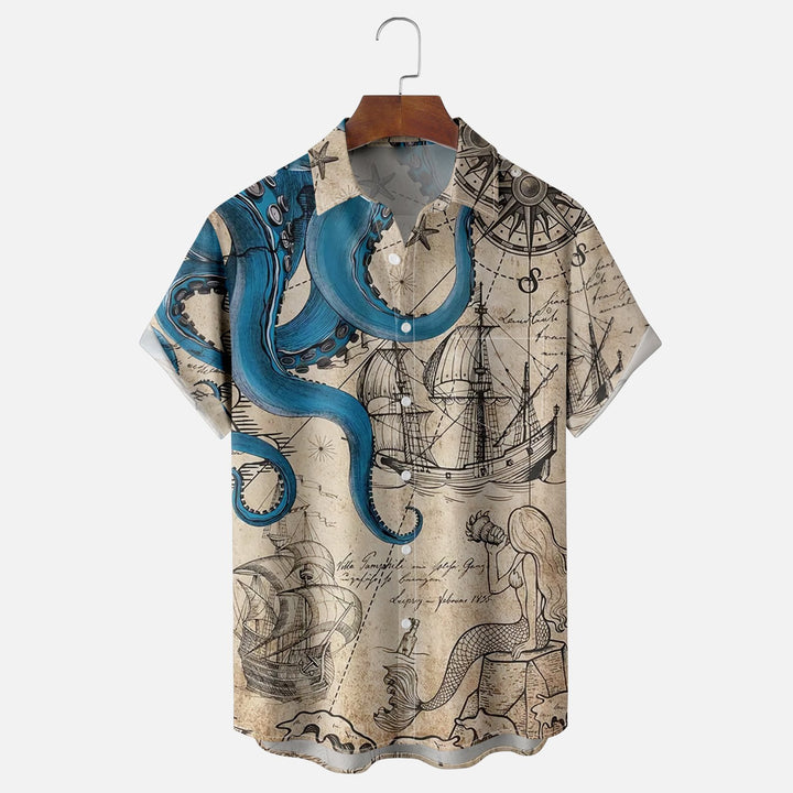 Men's Octopus Map Chest Pocket Plus Size Casual Shirt