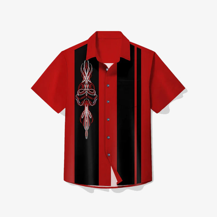 Vintage Bowling Pinstripe Samurai Print Casual Short Sleeve Shirt