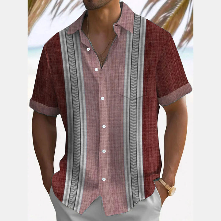 Retro Geometric Textured Print Men's Button Pocket Short Sleeve Shirt