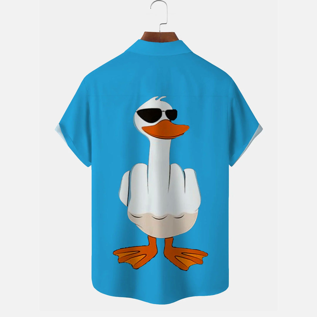 Funny Cartoon Duck Print Men's Button Pocket Short Sleeve Shirt