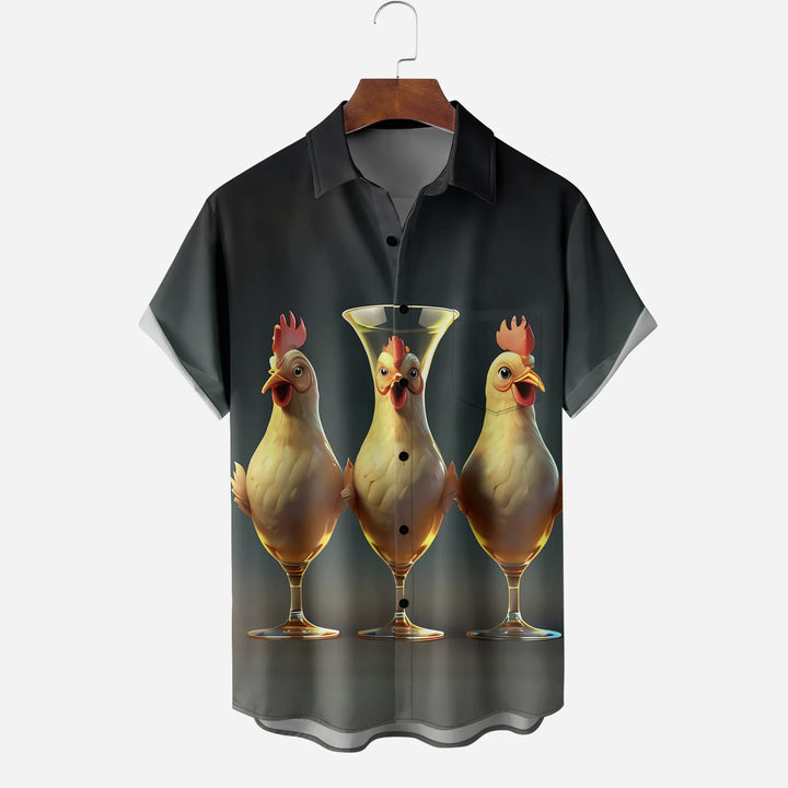 Three Cups Chicken Chest Pocket Short Sleeves Casual Shirt