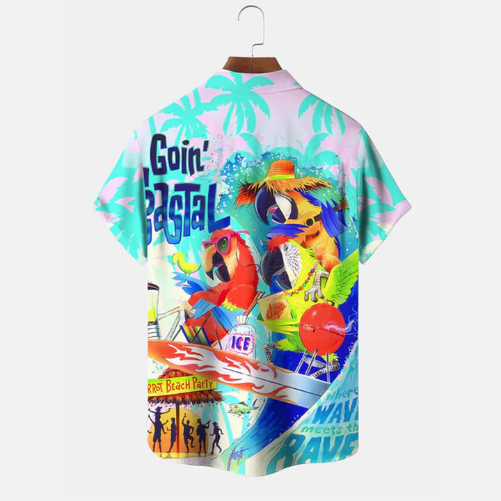 Parrot Beach Coconut Tree Button Pocket Leisure Vacation Shirt