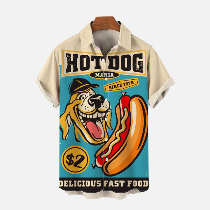 Cartoon Hot Dog Print Casual Oversized Short-Sleeved Shirt