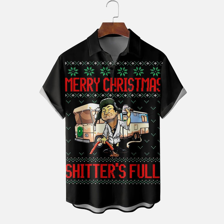 Merry Christmas Chest Pocket Casual Short Sleeve Shirt