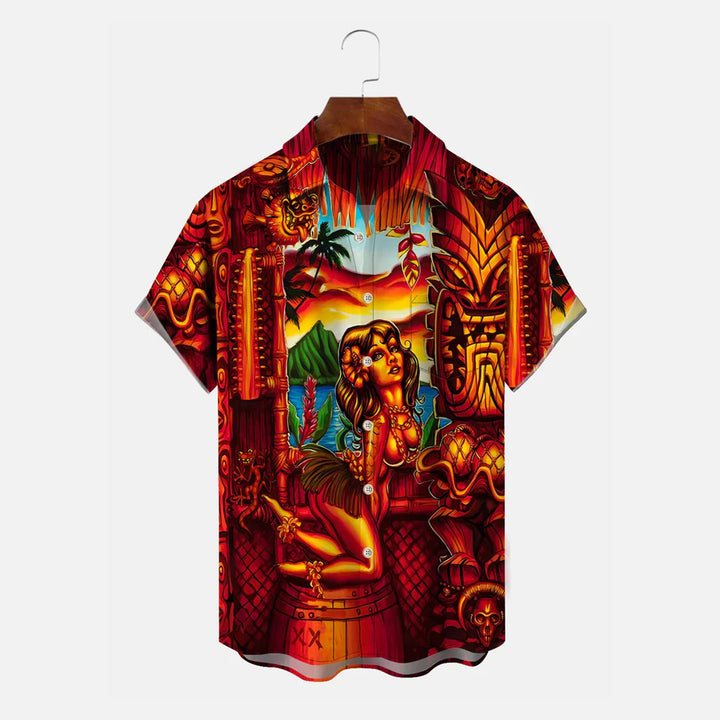 Indian Retro Stone Statue Tiki Button Pocket Casual Short Sleeve Shirt