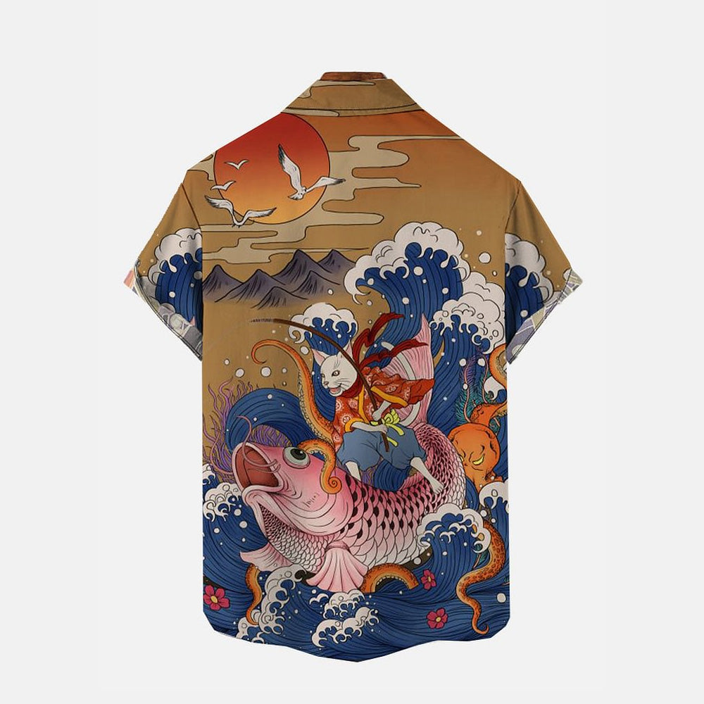 Ukiyoe Sun Cat Carp and Sea Monster Print Hawaiian Short Sleeve Shirt