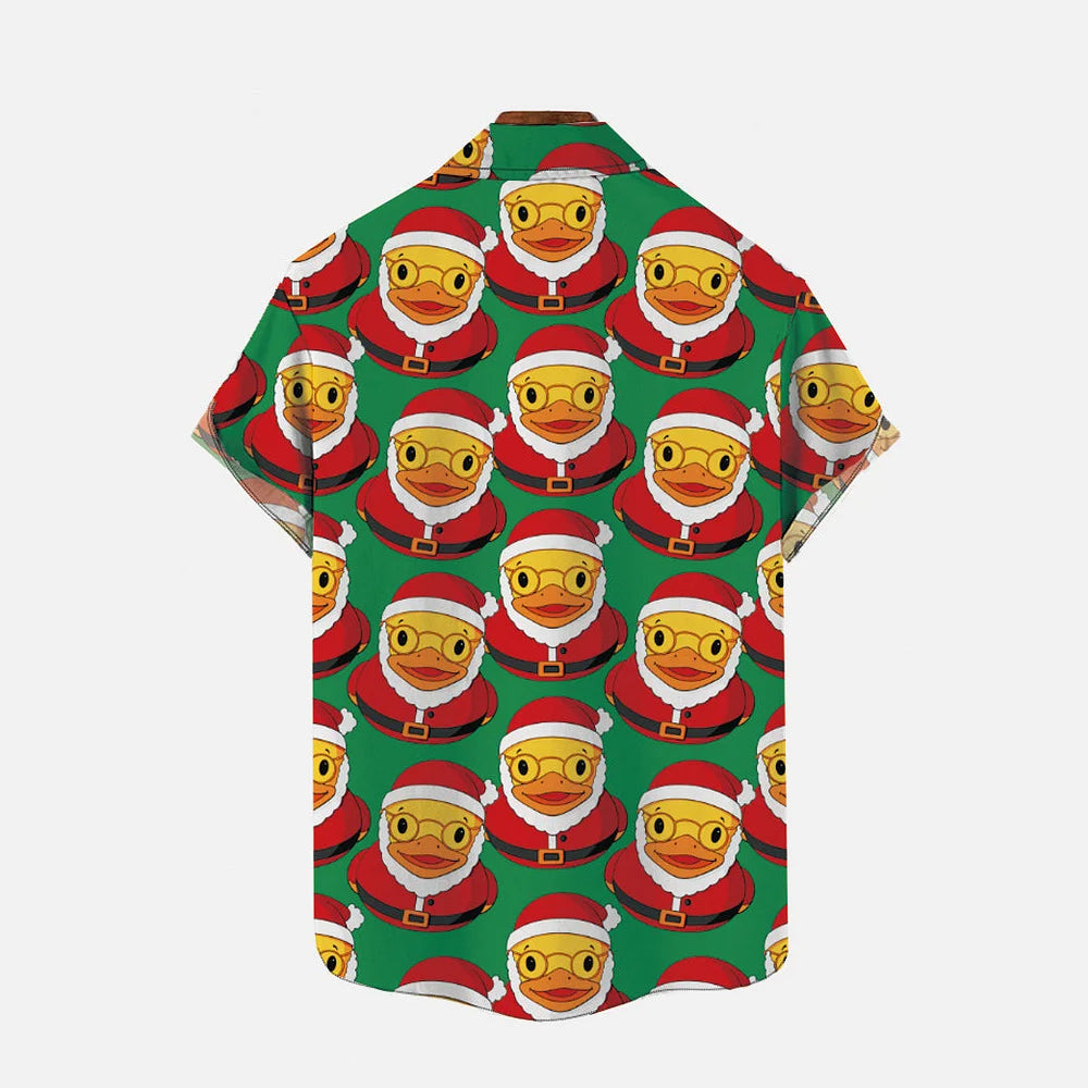 Green Christmas Santa Claus Rubber Ducks Printing Short Sleeve Shirt