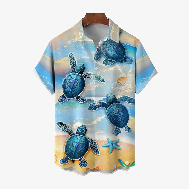 Beach Turtle Art Print Casual Short Sleeve Shirt 2410001356