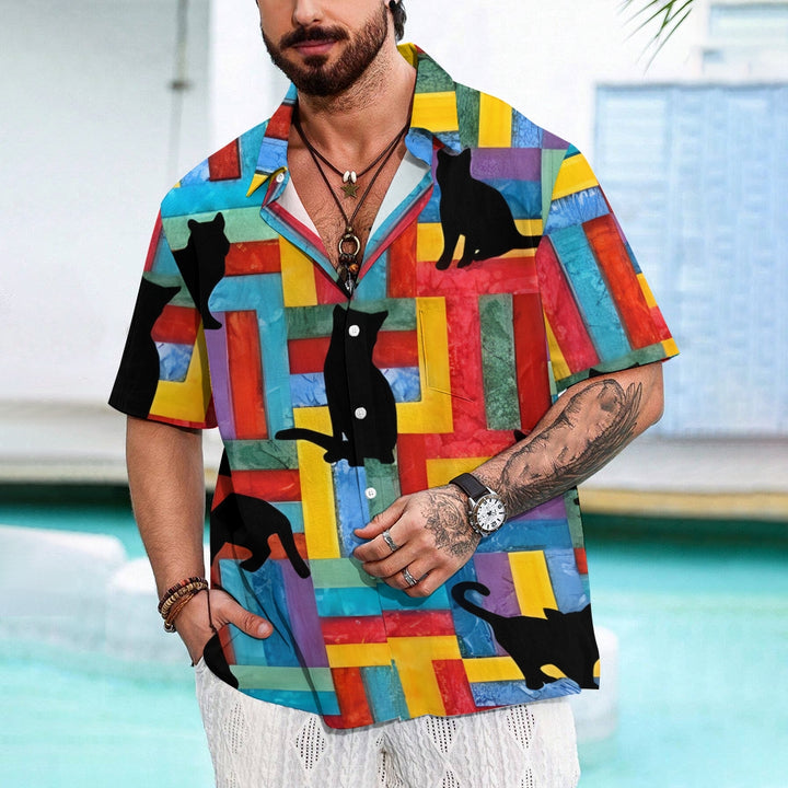 Colorful Geometric Cat Shadow Linen Short Sleeve Shirt 2409009727