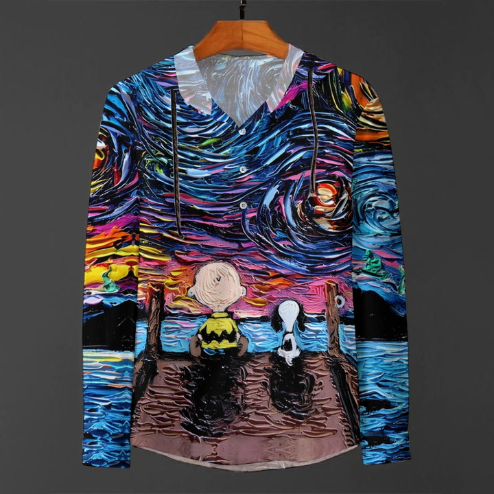 Starry Sky Cartoon Character Hooded Half-Open Long-Sleeved Shirt