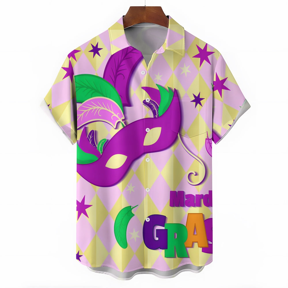 Mardi Gras Mask Geometric Print Casual Short Sleeve Shirt 2412002269