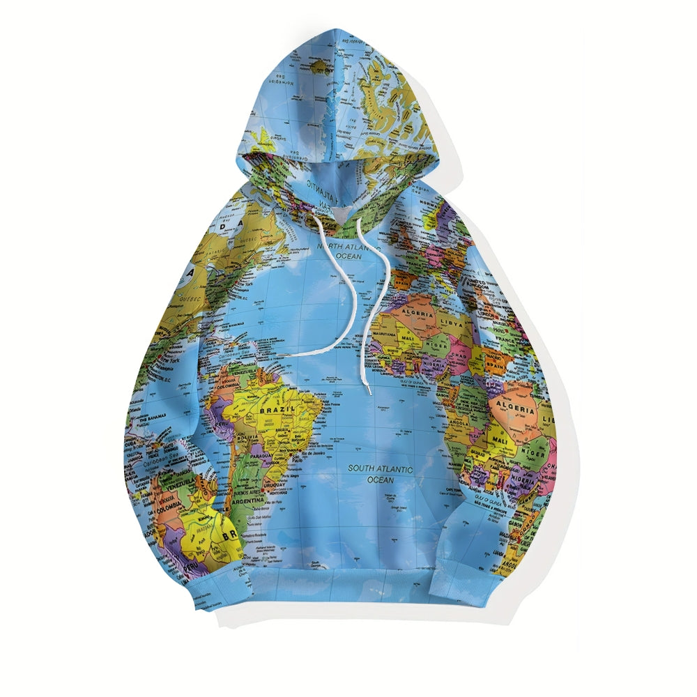 Retro Map Multicolor Long Sleeve Hooded Sweatshirt 2411004094