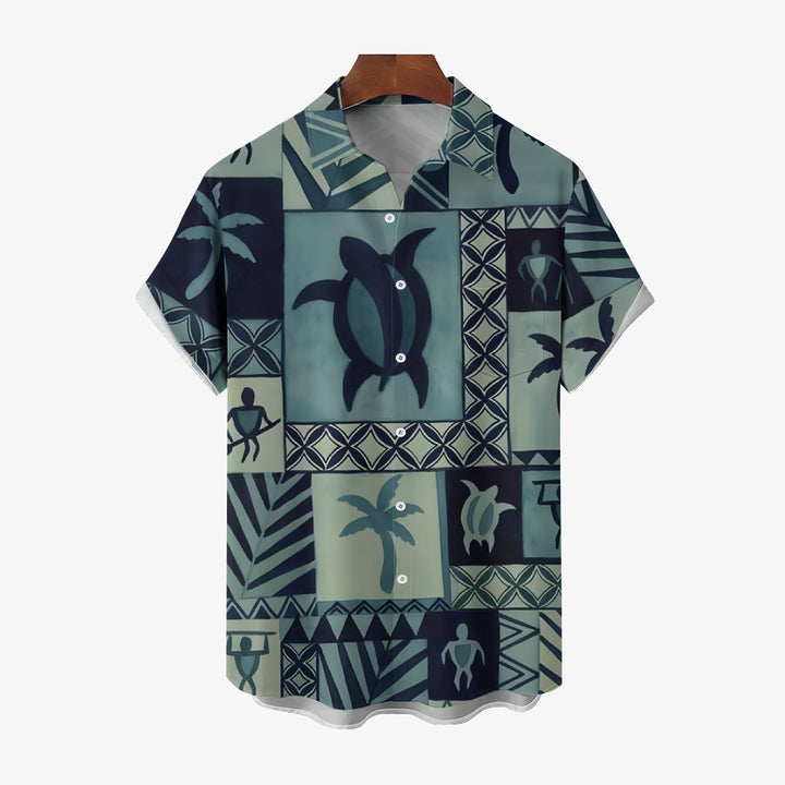 Geometric Turtle And Coconut Tree Print Hawaiian Shirt 2412006359