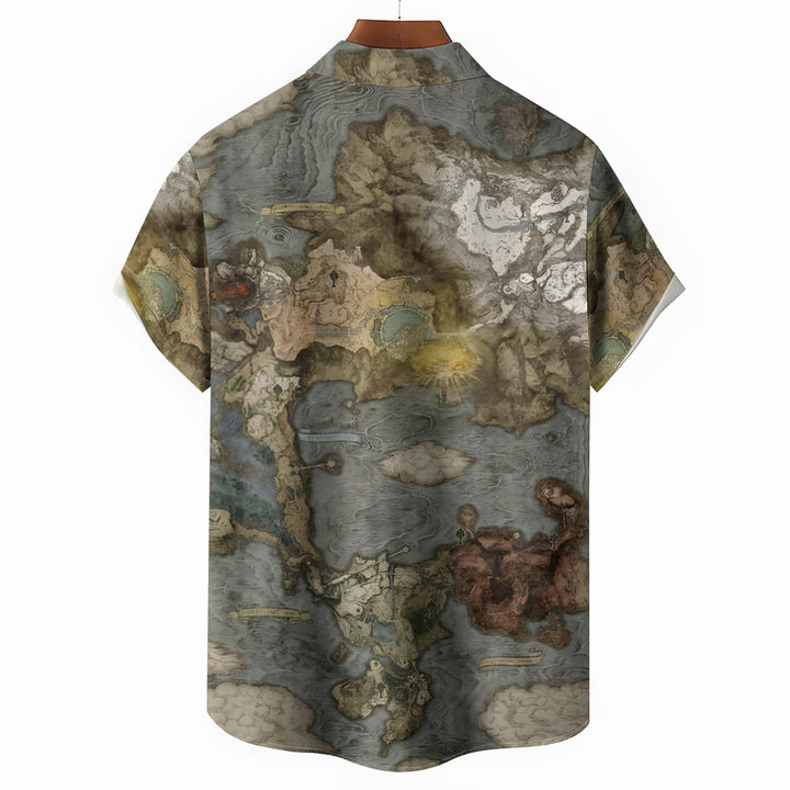 Men's Retro Map Print Casual Short Sleeve Shirt 2404000486