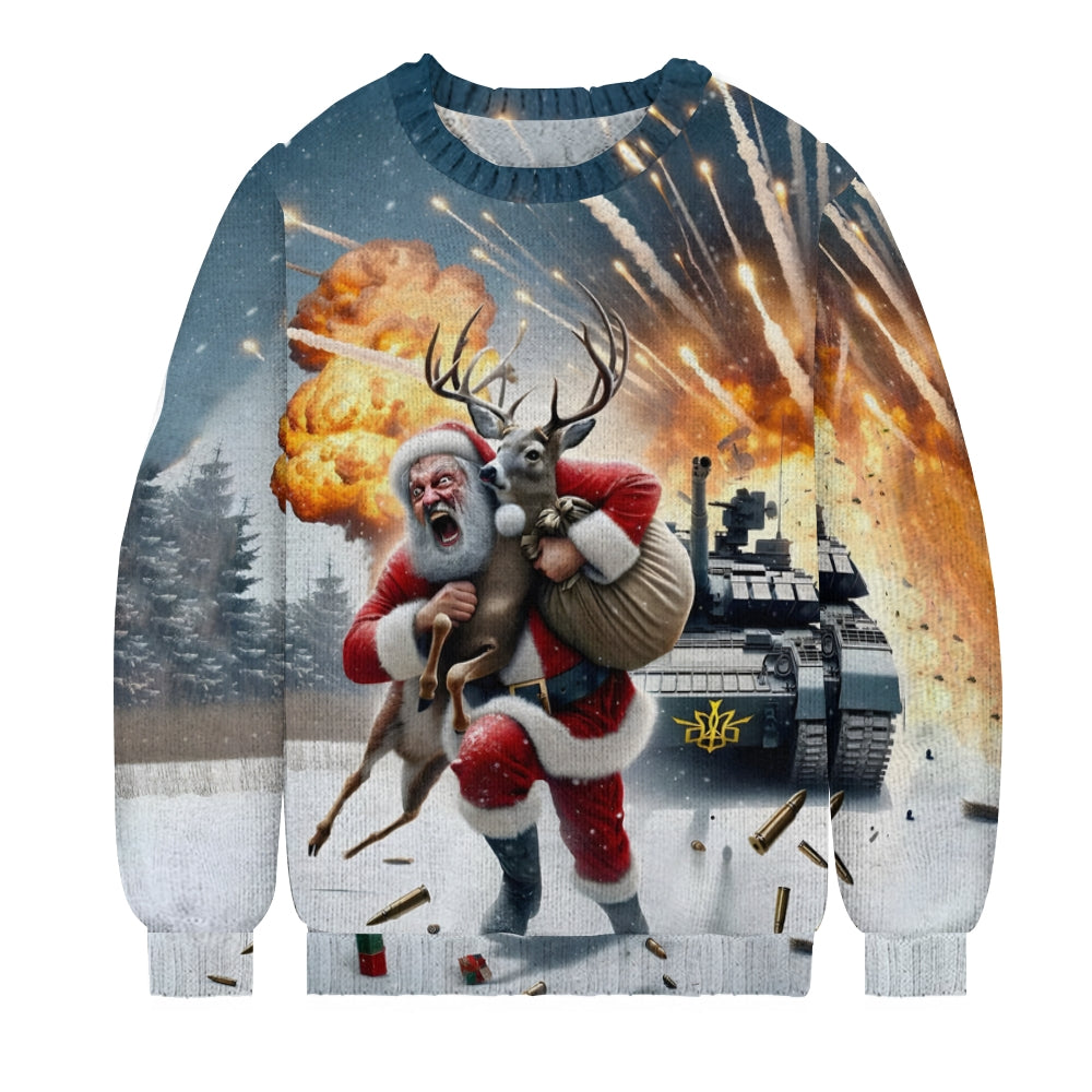 Santa Claus Runaway Explosion Print Knit Crew Neck Sweater 2411010455