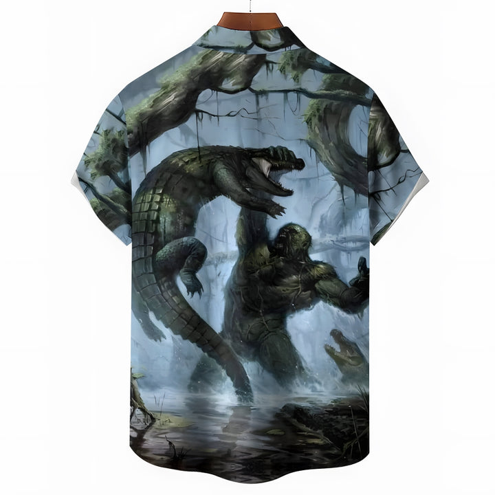 Bigfoot vs Alligator Print Short Sleeve Shirt 2408002798