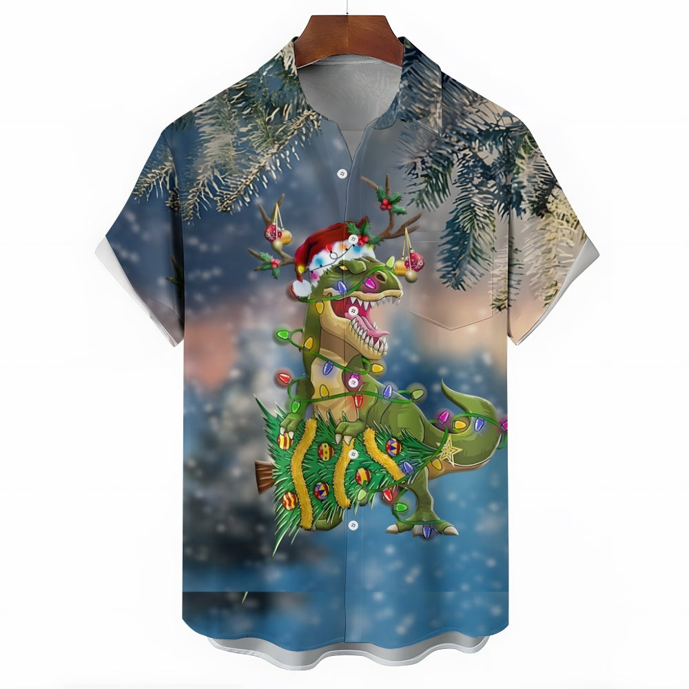 Dinosaur Christmas Colored Lights Casual Short Sleeve Shirt 2408007697