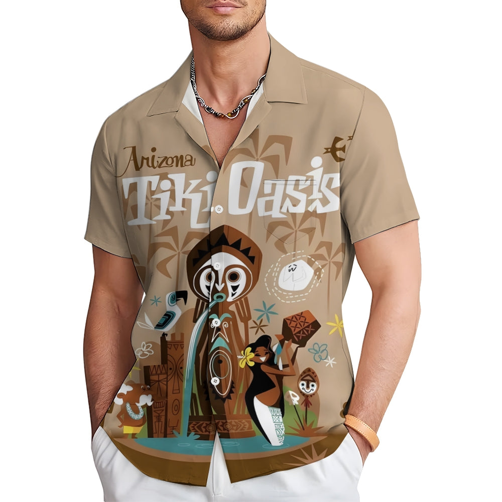 TIKI Art Printed Casual Large Size Short Sleeve Shirt 2407000561