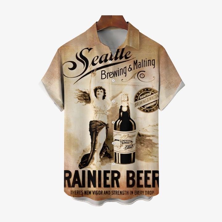 Beer Poster Print Casual Short Sleeve Shirt 2408008426