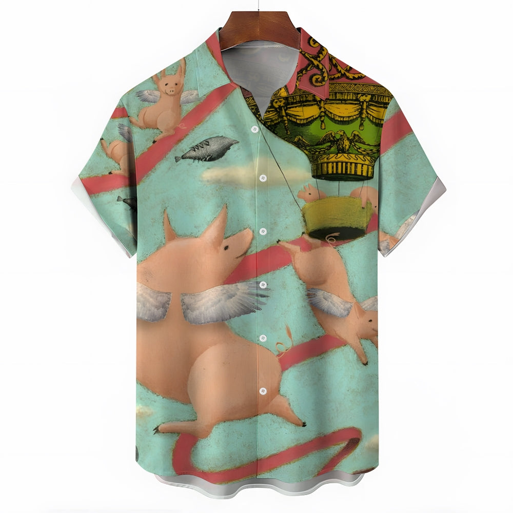 Flying Pig Cartoon Print Casual Large Size Short Sleeve Shirt 2407005322