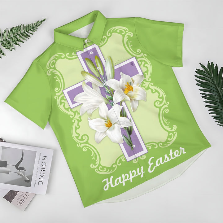 Happy Easter Cross Print Casual Short Sleeve Shirt 2412010174