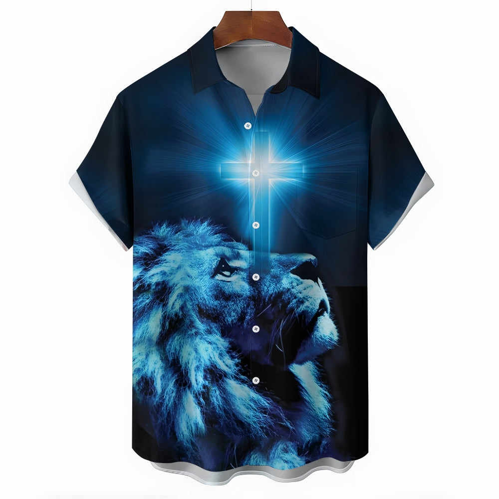 Christian Cross Lion Print Short Sleeve Shirt 2411011903