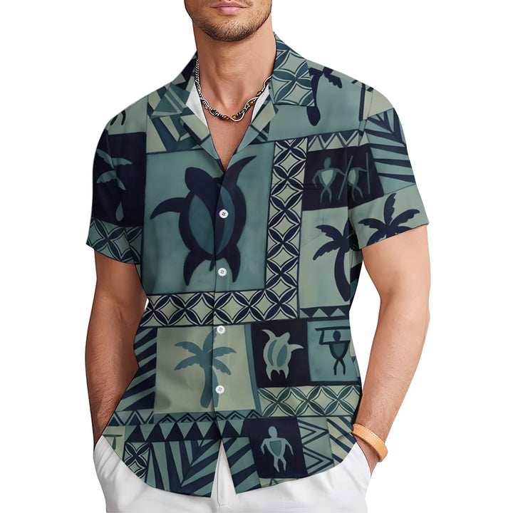 Geometric Turtle And Coconut Tree Print Hawaiian Shirt 2412006359