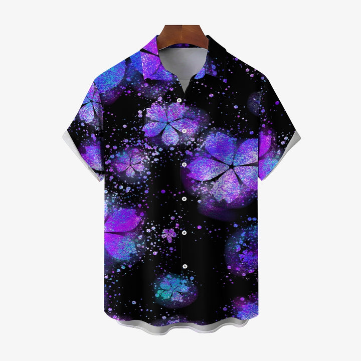 Purple Glitter Cherry Blossom Casual Short Sleeve Shirt 2412005458