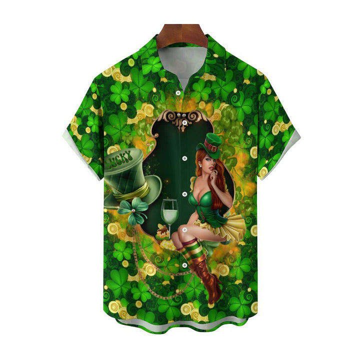 St. Patrick's Beauty Print Button Pocket Short Sleeve Shirt