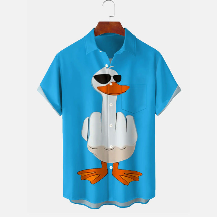 Funny Cartoon Duck Print Men's Button Pocket Short Sleeve Shirt