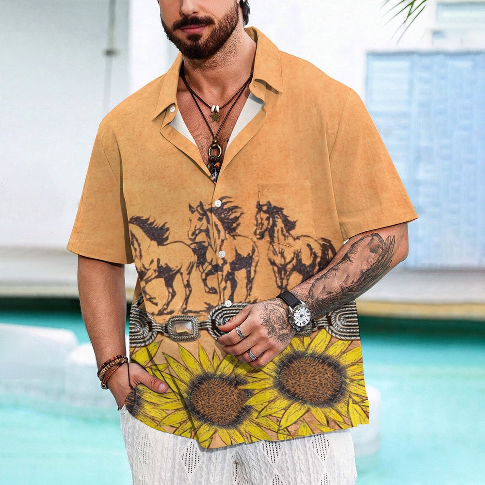 Horses And Sunflowers Decoration Print Casual Shirt 2412008035