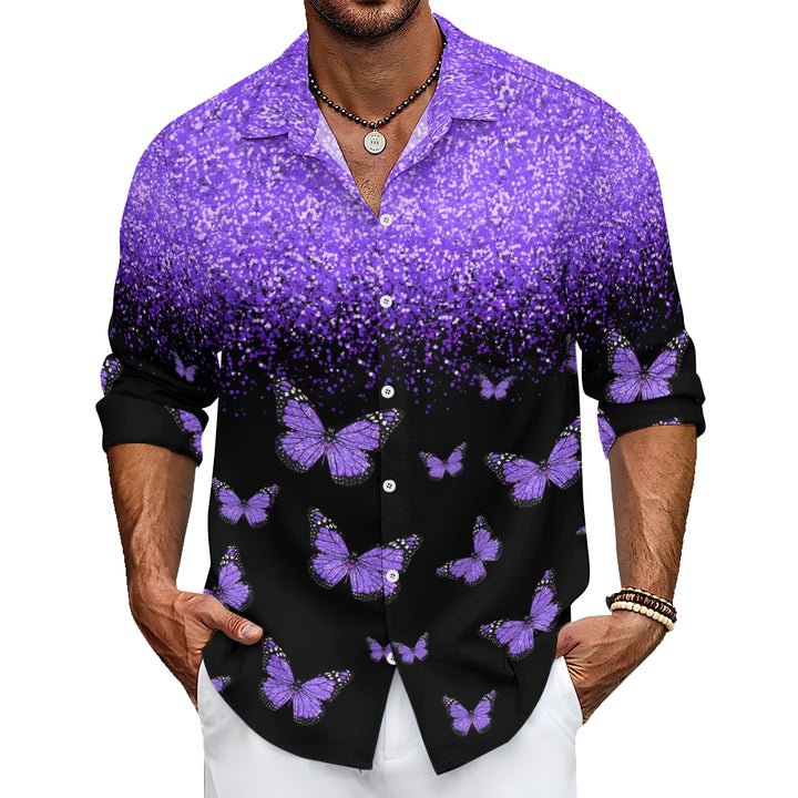 Men's Purple Glitter Butterfly Printed Long Sleeve Shirt 2412005344