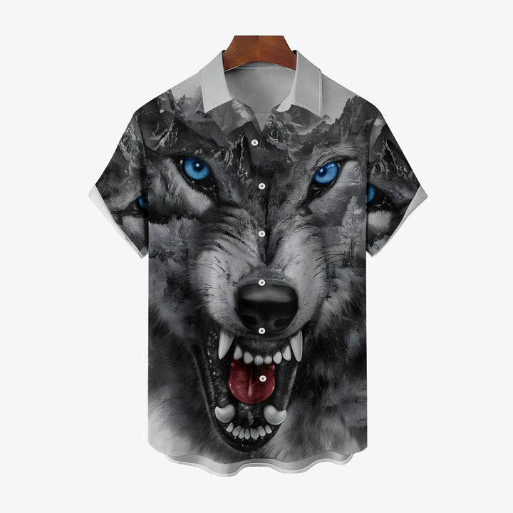 Men's Wolf Print Casual Short Sleeve Shirt 2404000450