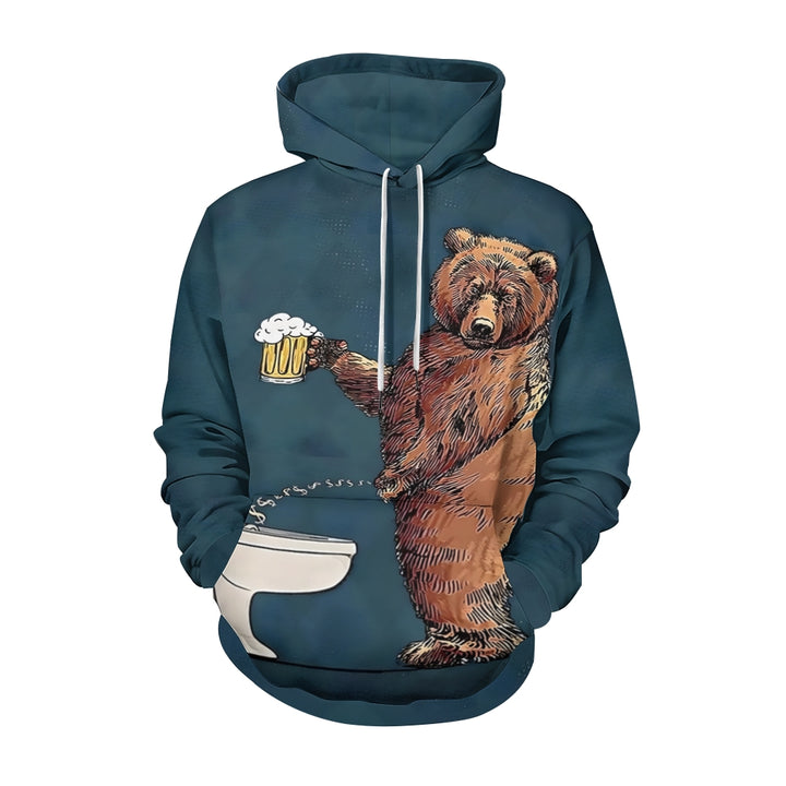 Fun Bear Beer Print Casual Long Sleeve Hooded Sweatshirt