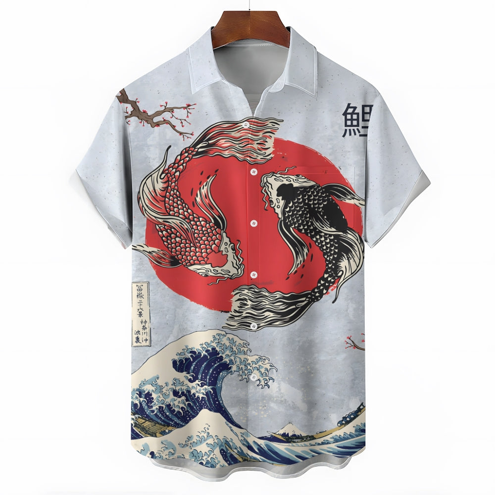 Ukiyo-e Art Fish Casual Large Size Short Sleeve Shirt 2406003314