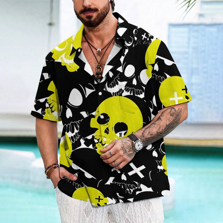 Skull Contrast Print Chest Pocket Short Sleeve Shirt 2411006340