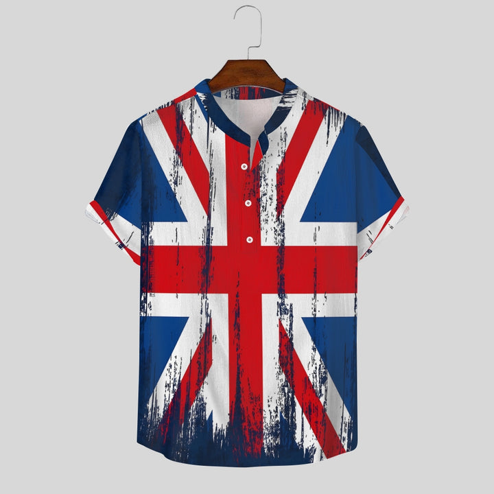 Flag Print Stand Collar Short Sleeve Shirt 2408007152