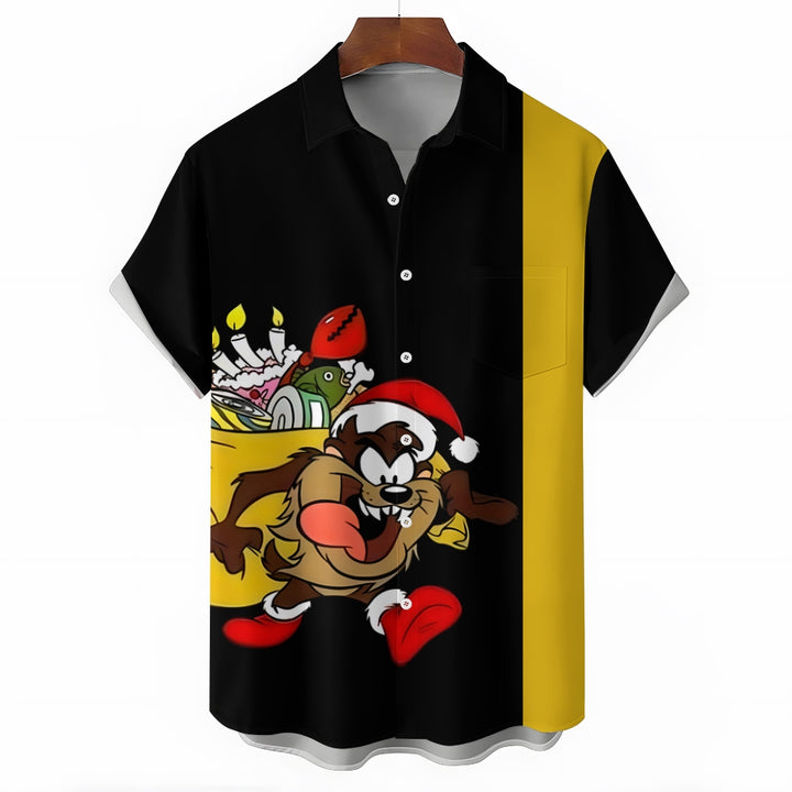 Cartoon Character Christmas Gift Print Chest Pocket Short Sleeve Shirt 2410007970