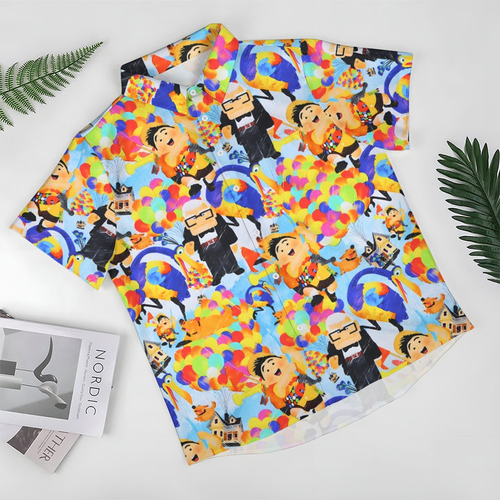 Cartoon Flying House Balloon Print Casual Short Sleeve Shirt 2408007172