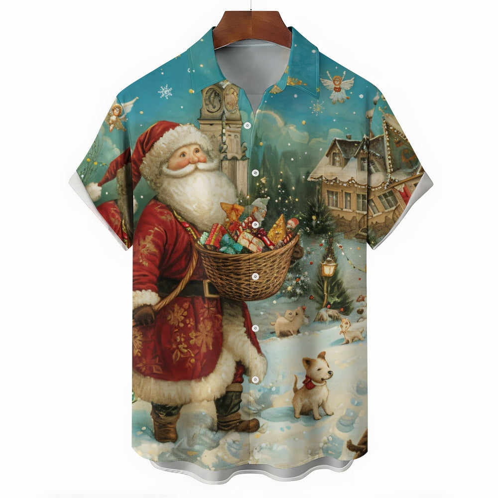 Santa Claus And Puppy Casual Short Sleeve Shirt 2410005859