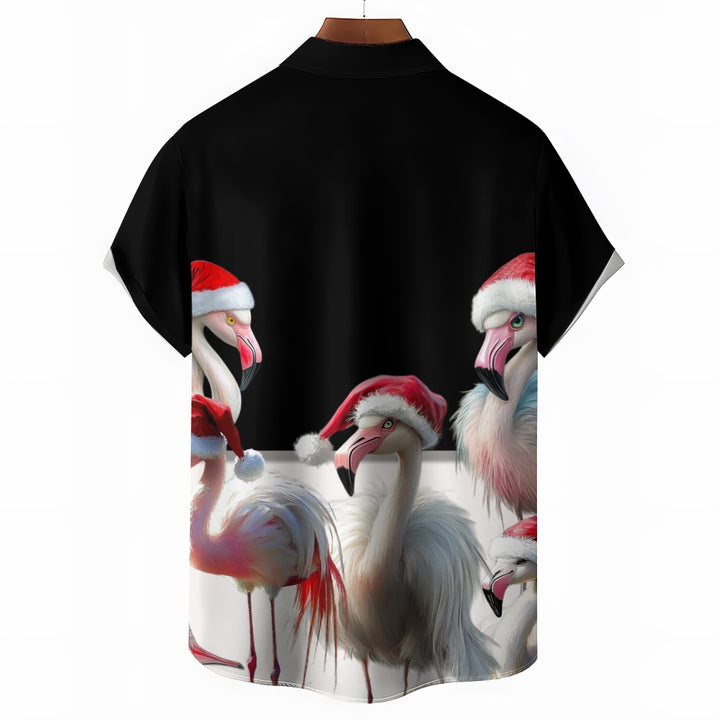 Christmas Flamingo Print Casual Short Sleeve Shirt 2411008517