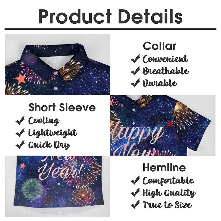 Happy New Year Fireworks Print Casual Short Sleeve Shirt 2410009056