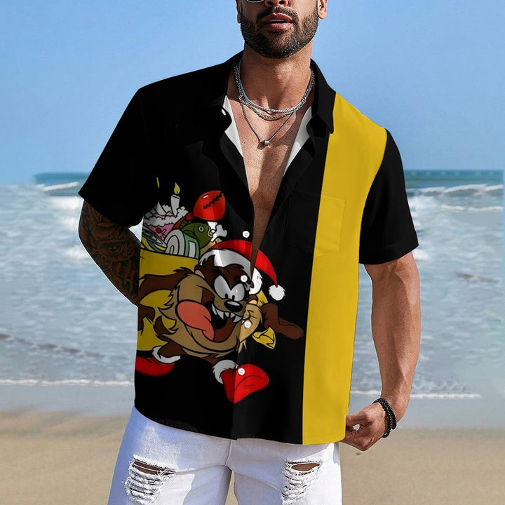 Cartoon Character Christmas Gift Print Chest Pocket Short Sleeve Shirt 2410007970