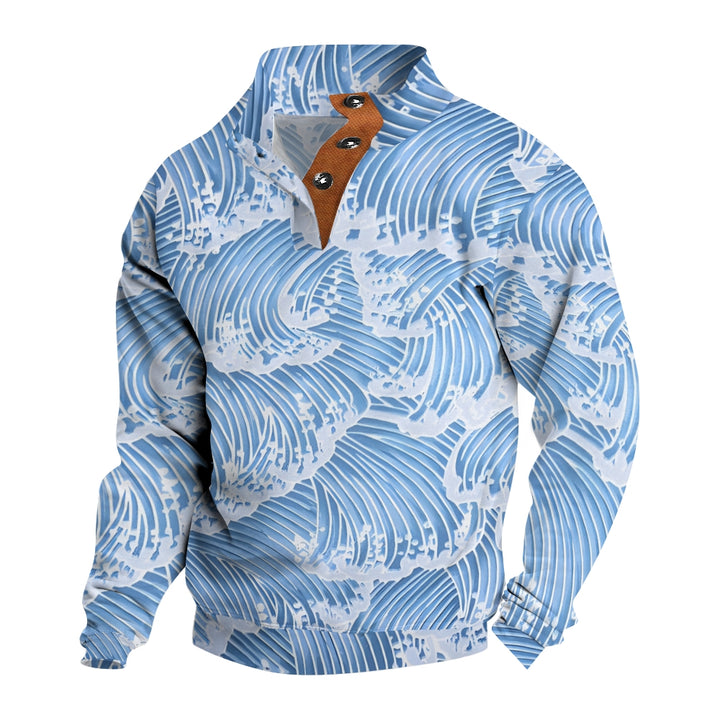 Men's Button Wave Art Prints Casual Long Sleeve Sweatshirt 2410004490