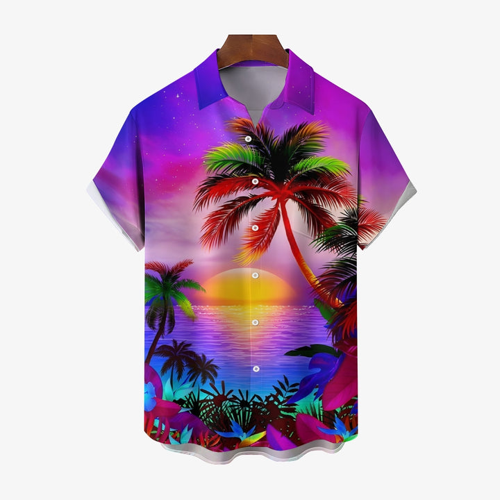 Men's Hawaiian Coconut Tree Sunset Print Short Sleeve Shirt 2412006496