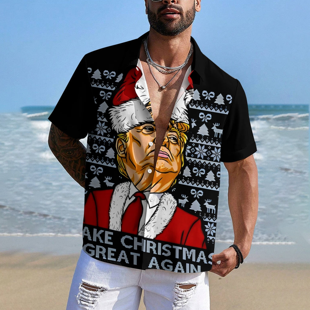 Santa Claus Christmas Trump Print Casual Short Sleeve Shirt 2411003687